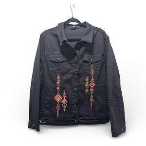 Embroidered Aztecan Design on Black Denim Jacket